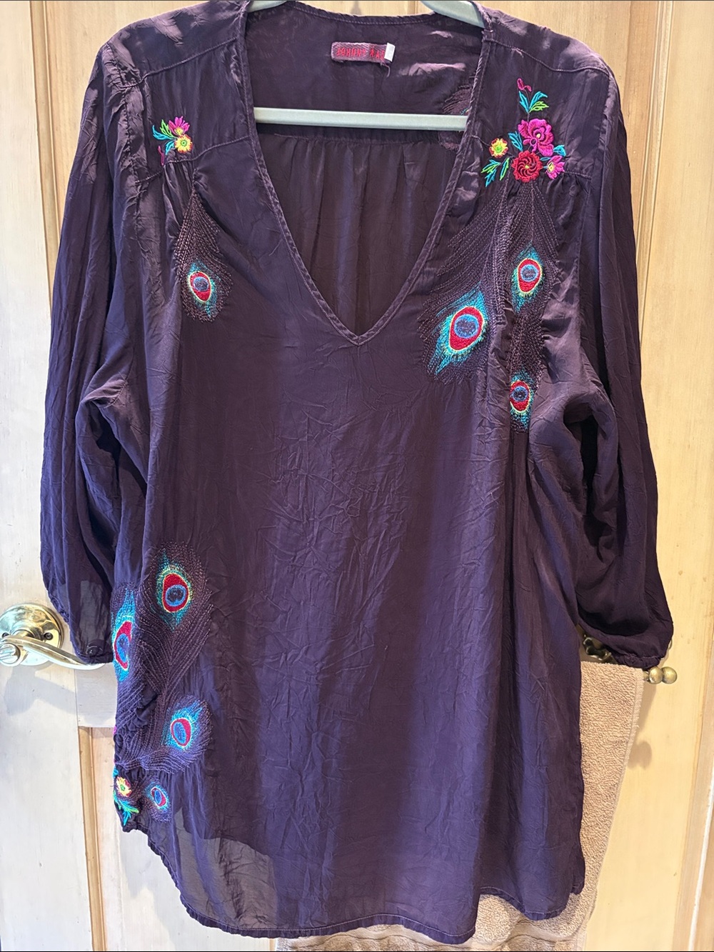 Johnny Was Plum Embroidered V-Neck Tunic with Peacock Motif XL